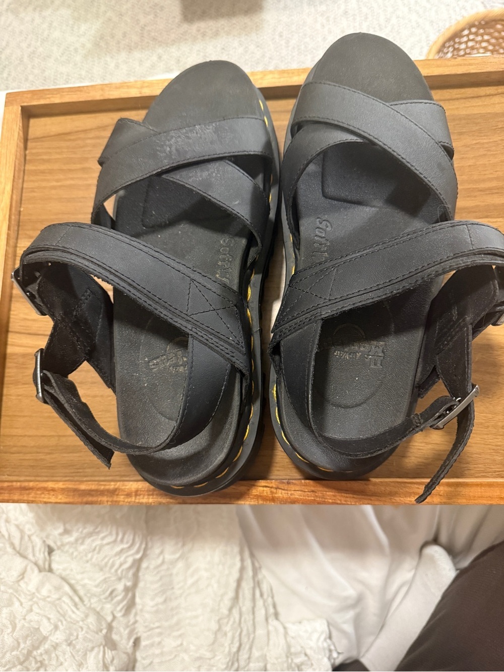 Dr. Martens Voss II Black Platform Sandals with Yellow Stitching - Air Wair - Picture 2 of 11